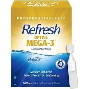Refresh Optive MEGA-3 Lubricant Eye Drops, Artifical Tears, 30 Vials, New in Box
